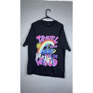 SheIn Shirt Womens Medium Black Travel Around The World Alien Graphic Tee Top